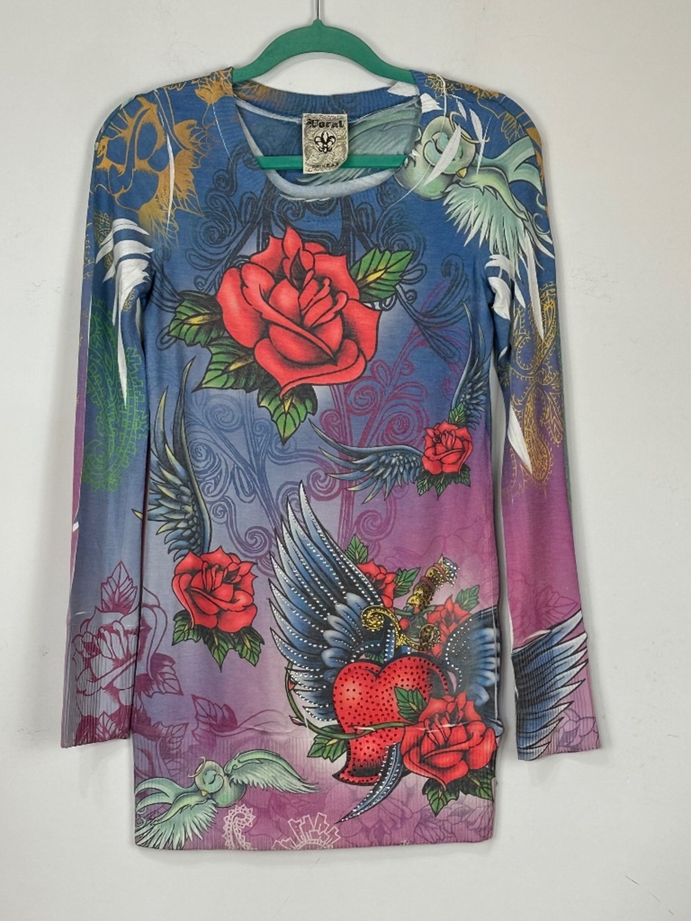 Vocal Womens Roses and Sequin Long Sleeve Knit Top L Bodycon Biker